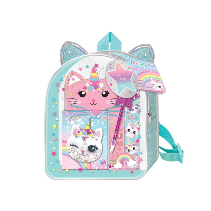 MINI MOCHILA BELLEZA CON ACCESORIOS GATITO ESCRIBIENDO ENFOQUE CALIENTE