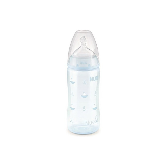 NUK BIBERÃO CHOICE SILICONE INDICAÇÃO TEMPERATURA AZUL BARQUINHOS 0-6M 300 ML