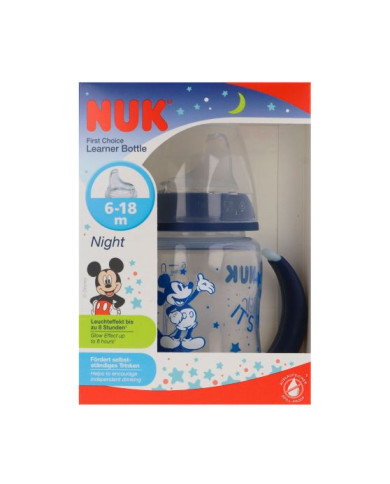 BIBERÓN DE APRENDIZAJE NUK FIRST CHOISE, 150 ml 6-18M MICKEY BRILLA EN LA OSCURIDAD AZUL