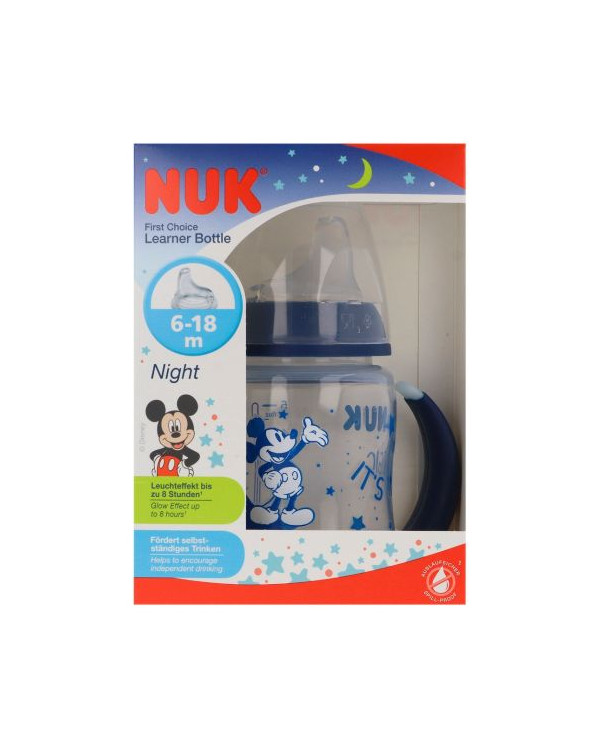 BIBERÓN DE APRENDIZAJE NUK FIRST CHOISE, 150 ml 6-18M MICKEY BRILLA EN LA OSCURIDAD AZUL