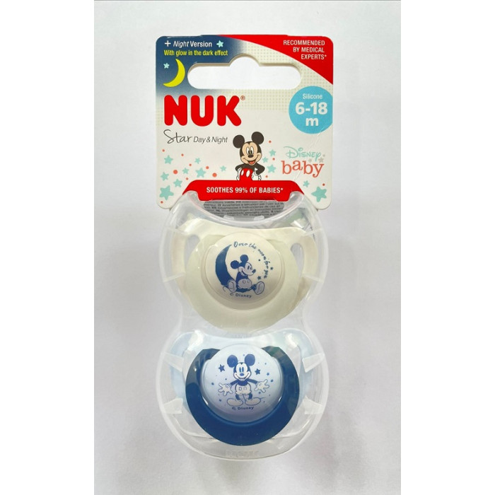 NUK CHUPETAS STAR DAY & NIGHT MICKEY AZUL SILICONE  6-18  2 UNI