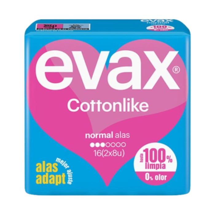 EVAX COTTONLIKE PENSOS HIGIÉNICOS COM ABAS NORMAL 16 UNID (2X 8UNID)