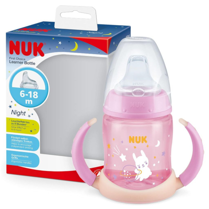 BIBERÓN DE APRENDIZAJE NUK QUE BRILLA EN LA OSCURIDAD, ROSA, 6-18 MESES, 150 ML