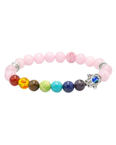 PULSEIRA CHAKRAS HAMSA OLHO DE GATO ROSA 8MM 1UNID