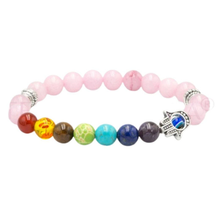 PULSEIRA CHAKRAS HAMSA OLHO DE GATO ROSA 8MM 1UNID