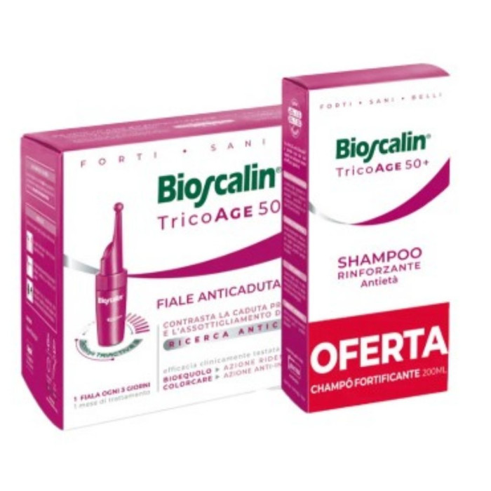 Bioscalin TricoAge 50+ Ampollas Anticaída y Antiedad (10 ampollas de 3,5 ml + Champú de 200 ml GRATIS)