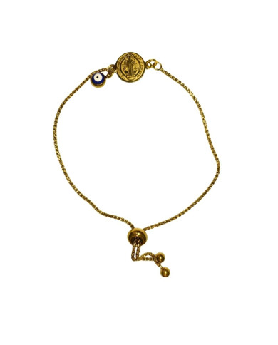 PULSERA DORADA CON MEDALLA DE SAN BENITO Y OJO TURCO 1 UNIDAD