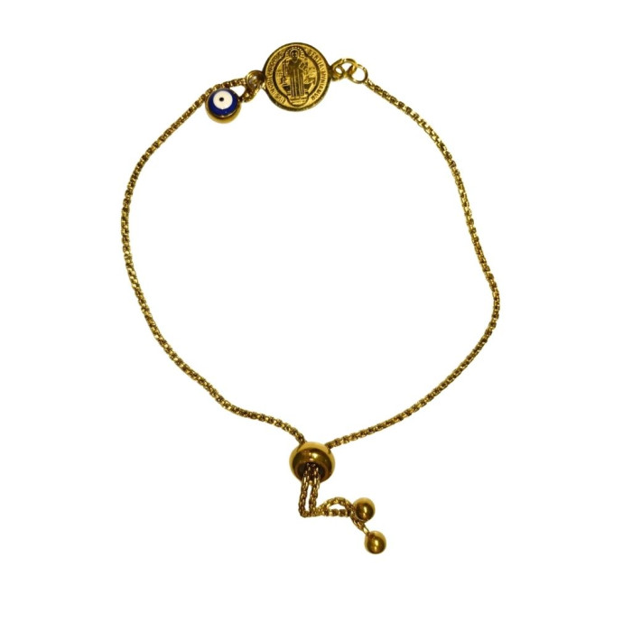 PULSEIRA DOURADA MEDALHA SÃO BENTO E OLHO TURCO 1UNID