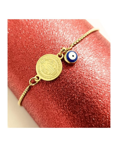 PULSERA DORADA CON MEDALLA DE SAN BENITO Y OJO TURCO 1 UNIDAD