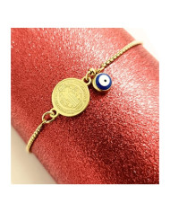 PULSERA DORADA CON MEDALLA DE SAN BENITO Y OJO TURCO 1 UNIDAD