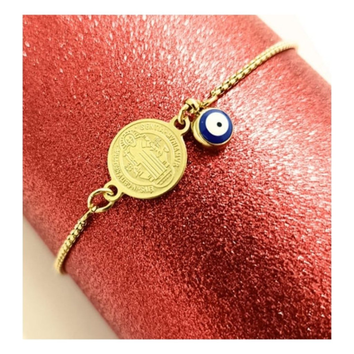 PULSERA DORADA CON MEDALLA DE SAN BENITO Y OJO TURCO 1 UNIDAD