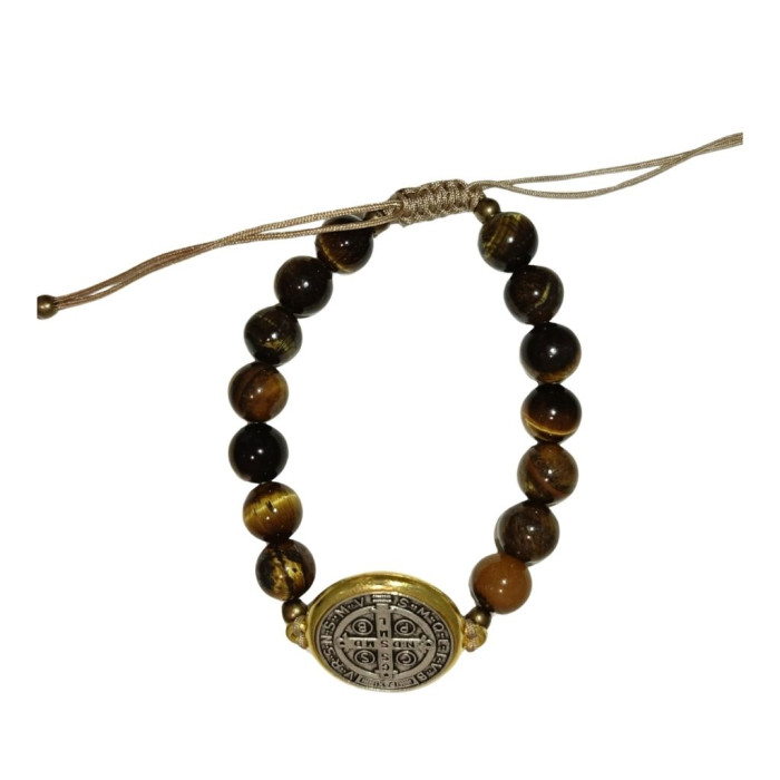 PULSERA PROTECTORA SAN BENITO Y OJO DE TIGRE AJUSTABLE 1 UNIDAD