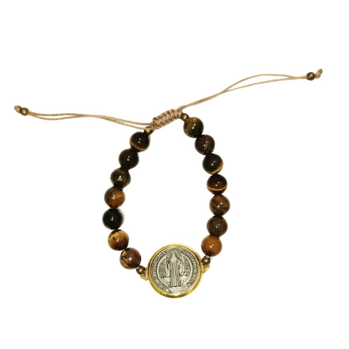PULSERA PROTECTORA SAN BENITO Y OJO DE TIGRE AJUSTABLE 1 UNIDAD