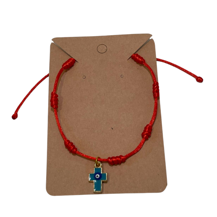 PULSERA ROJA DE 7 NUDOS CON CRUZ Y OJAL TURCO