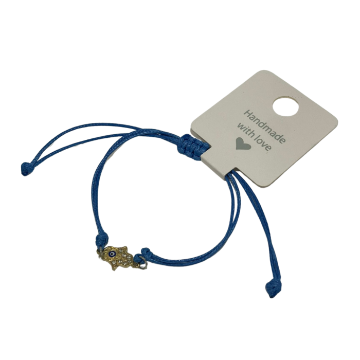PULSEIRA AZUL COM PENDENTE DA MÃO HAMSÁ E OLHO TURCO
