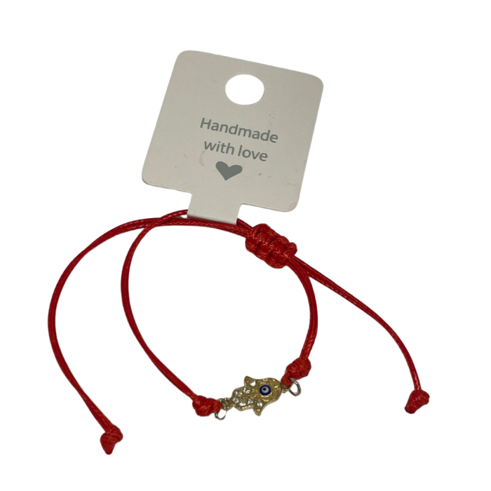 PULSEIRA VERMELHA COM PENDENTE DA MÃO HAMSÁ E OLHO TURCO