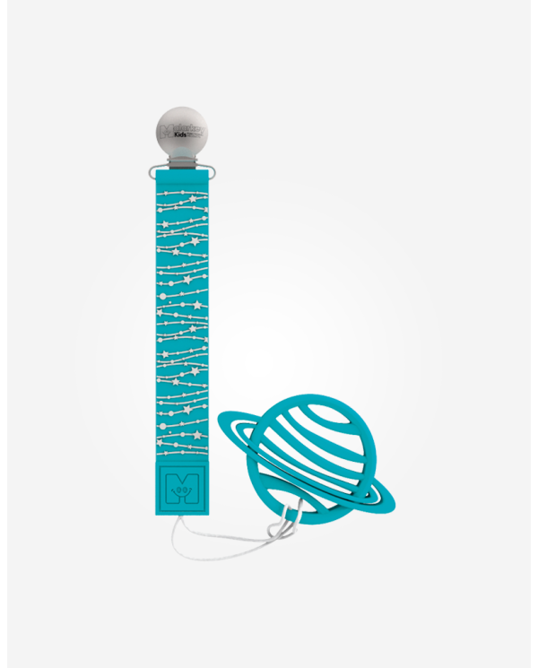 CINTA SARO PORTA CHUPETE + DIENTES DE SILICONA AZUL