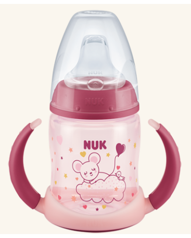 BIBERÓN DE APRENDIZAJE NUK FIRST CHOISE, 6-18M 150 ml QUE BRILLA EN LA OSCURIDAD ROSA