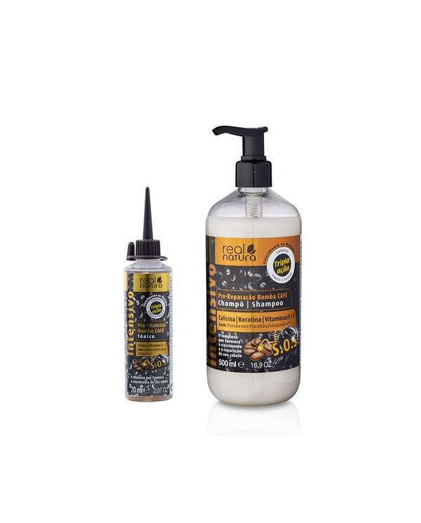 REAL NATURA CHAMPÔ BOMBA CAFE 500ML + TÓNICO PRO-REPARAÇÃO BOMBA DE CAFÉ 70ML