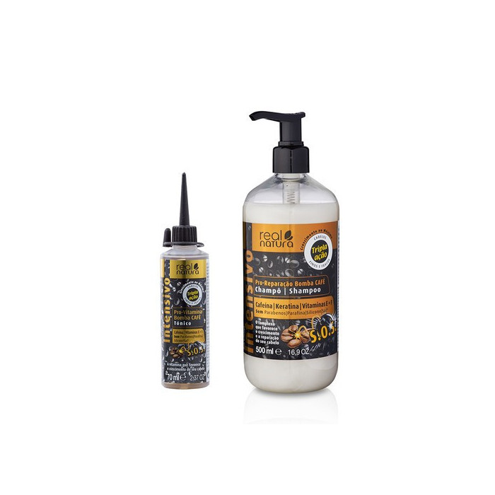 REAL NATURA CHAMPÔ BOMBA CAFE 500ML + TÓNICO PRO-REPARAÇÃO BOMBA DE CAFÉ 70ML