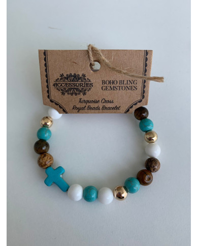 PULSERA TURQUESA CON CRUZ E PERLAS RARAS (1 UNIDAD)