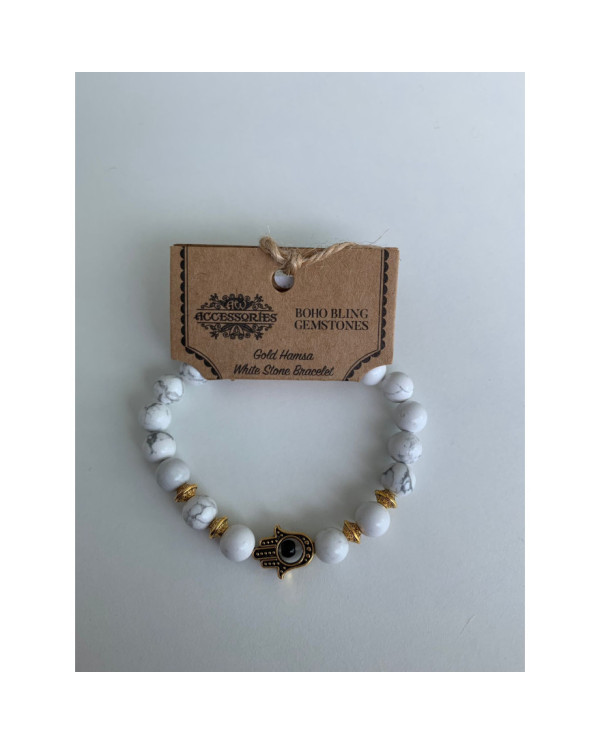 Pulseira Howlite Branca e Hamsa Ouro 1un