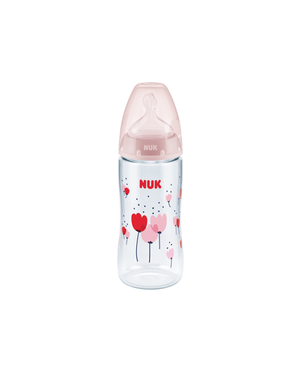 NUK BIBERÓN DE LÁTEX PRIMERA ELECCIÓN – INDICACIÓN DE TEMPERATURA Y ANTICÓLICOS ROSA +6M - 300 ML