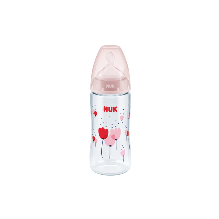 NUK BIBERÓN DE LÁTEX PRIMERA ELECCIÓN – INDICACIÓN DE TEMPERATURA Y ANTICÓLICOS ROSA +6M - 300 ML