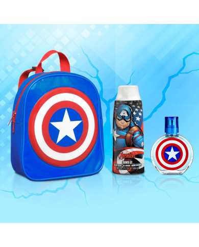 MOCHILA CAPITÃO AMÉRICA + PERFUME 50 ML + GEL DE BANHO 100 ml