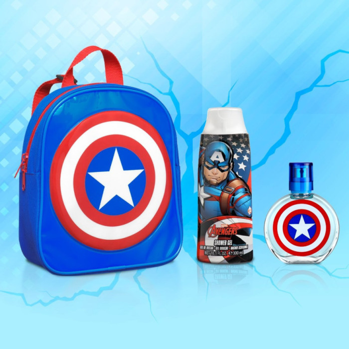 MOCHILA CAPITÃO AMÉRICA + PERFUME 50 ML + GEL DE BANHO 100 ml